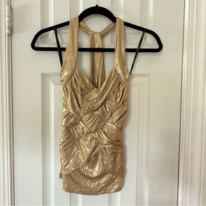Bebe Shimmering Gold Basket Weave Halter Top Dress Tank Top XXS NWT